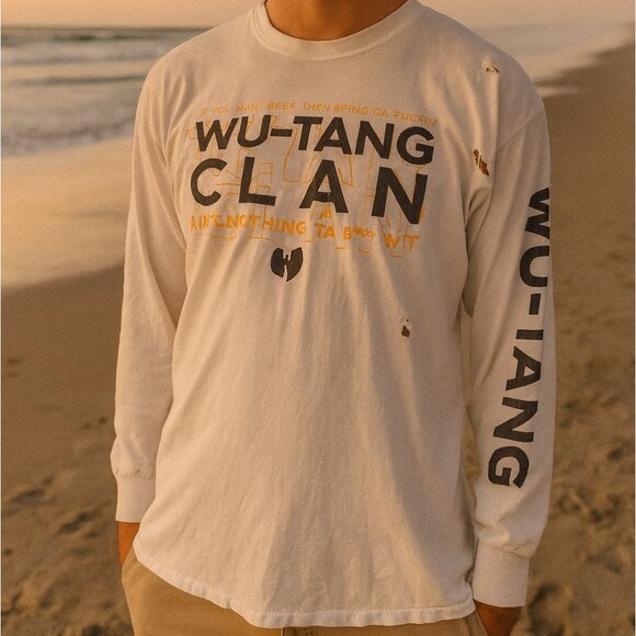 Wu Tang Clan L/S Thrashed Graphic Tee White Gildan Heavy Cotton XL Flaws - Picture 1 of 14